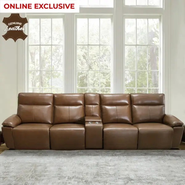 Garwe Leather 4 Seater Sofa with Power Recliner and 1 Console - Camel Brown