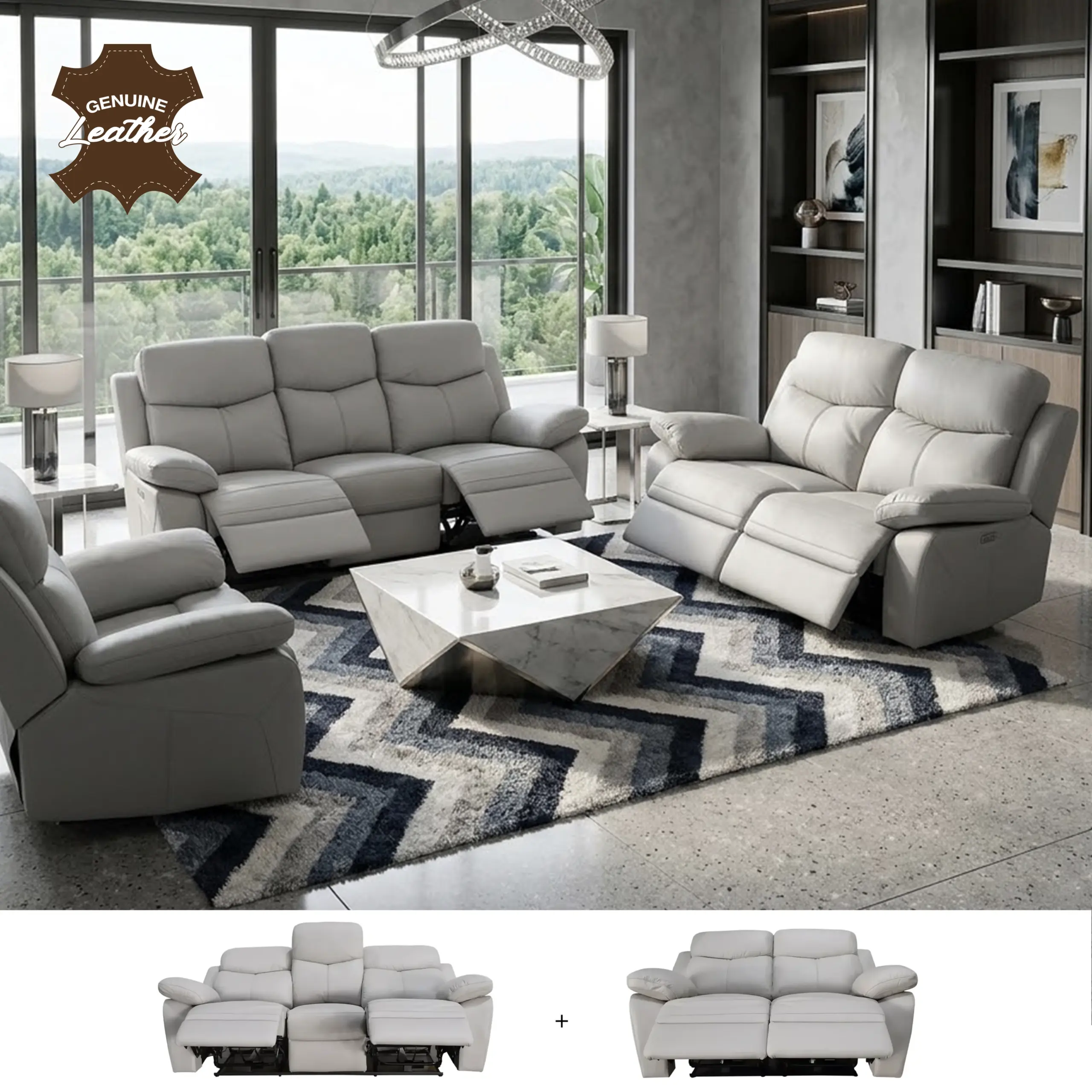 Kadoma Full Leather Power Recliner Sofa Set (3+2) - Light Grey Kadoma Full Leather Power Recliner Sofa Set (3+2) - Light Grey - Image 1