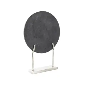 Black Marble Abstract Textured Disk Sculpture with Silver Stand  (13929)