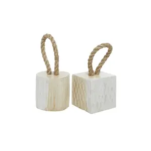 White Teak Wood Door Stopper Sculpture with Rope Accent S/2 37929)