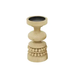 Brown Wood Beaded Pillar Candle Holder  8 "(24460)