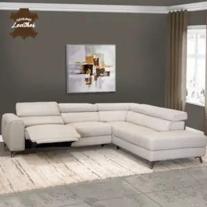 Theron Leather Left Corner Sofa with Power Recliner - Cream