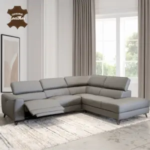 Theron Leather Left Corner Sofa with Power Recliner - Grey