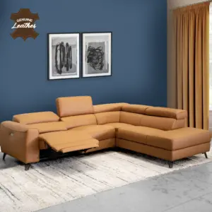 Theron Leather Left Corner Sofa with Power Recliner - Tan Brown