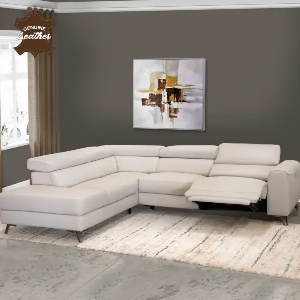 Theron Leather Right Corner Sofa with Power Recliner - Cream