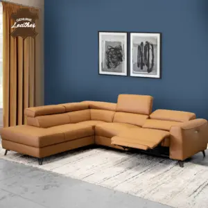 Theron Leather Right Corner Sofa with Power Recliner - Tan Brown