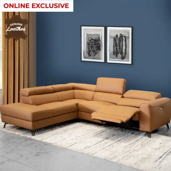 Theron Leather Right Corner Sofa with Power Recliner - Tan Brown