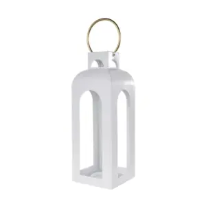 White Metal Tall Arched Cutout Candle Lantern with Gold Handle (13126)