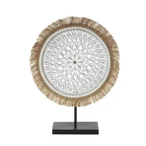 White Wooden Handmade Seagrass Fringed Sculpture with Black Base (13570)
