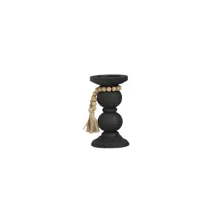 Black Wood Handmade Bubble Inspired Matte Candle Holder with Beaded Garland Accent 9" (15078)
