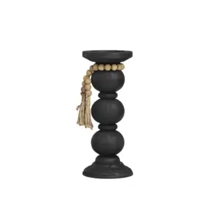 Black Wood Handmade Bubble Inspired Matte Candle Holder with Beaded Garland Accent 12" (15078)