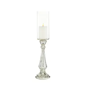 Silver Glass Handmade Turned Style Pillar Hurricane Lamp with Faux Mercury Glass Finish (24604)