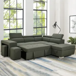 Grattan Left Corner Sofa Bed with Storage and 2 Stool - Olive Green