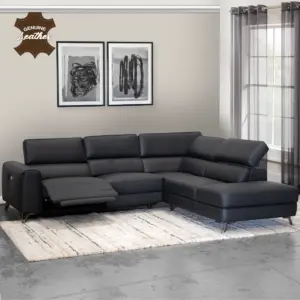 Theron Leather Left Corner Sofa with Power Recliner - Black