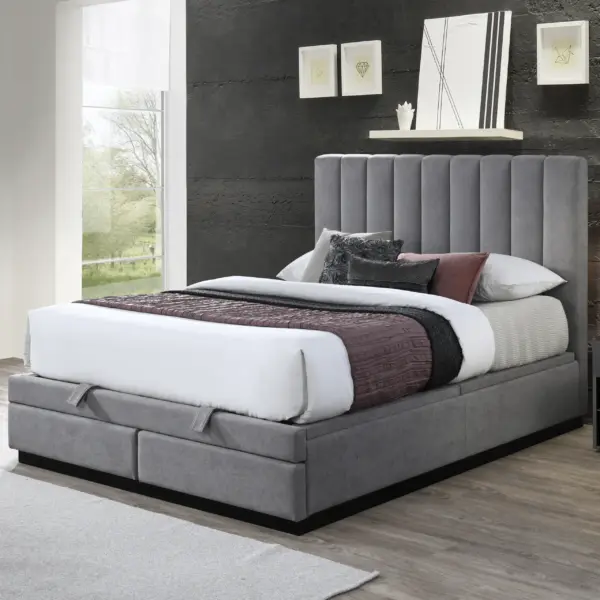 Josey Queen Bed (With 2 Drawers and Hydraulic Storage) - Light Grey