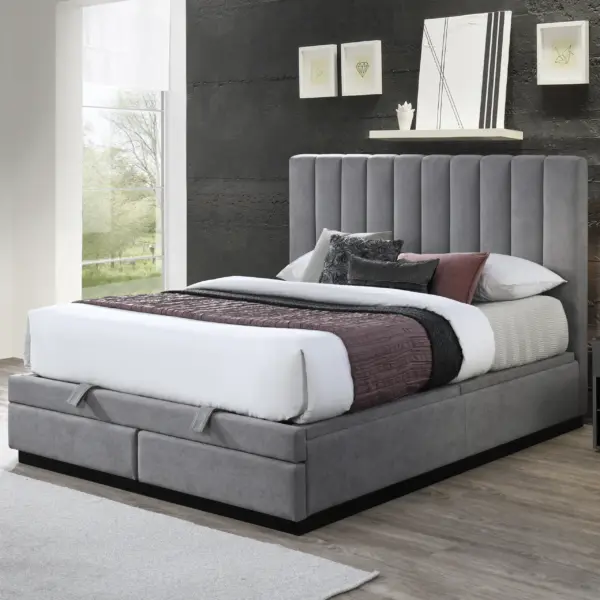Josey King Bed (With 2 Drawers and Hydraulic Storage) - Light Grey