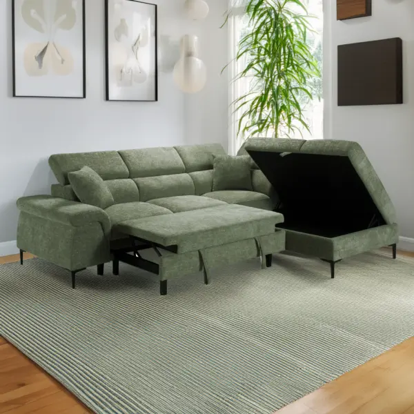 Marlon Left Corner Sofa Bed with Storage - Green