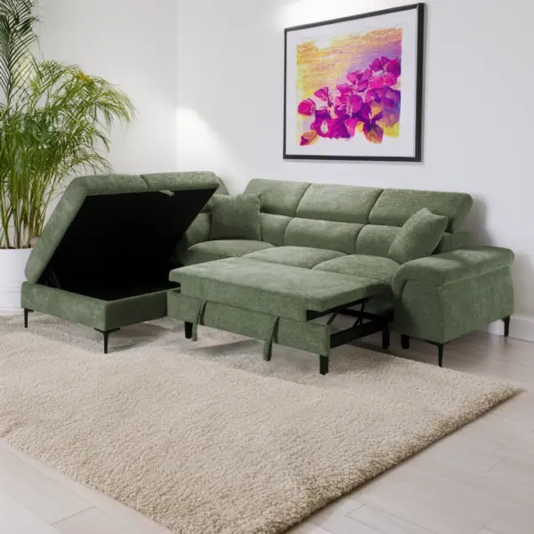 Marlon Right Corner Sofa Bed with Storage - Green