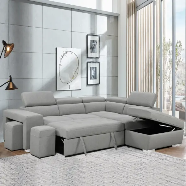 Livingston Left Corner Sofa Bed with Storage and Ottoman - Light Grey