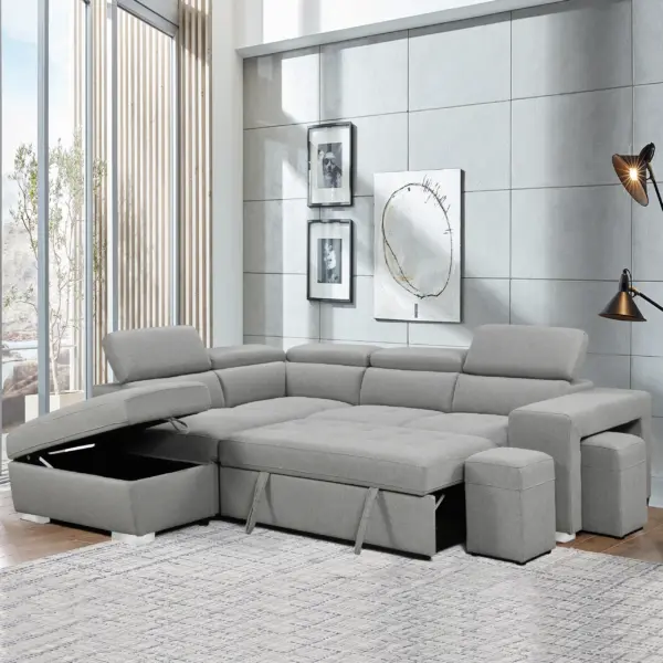 Livingston Right Corner Sofa Bed with Storage and Ottoman - Light Grey