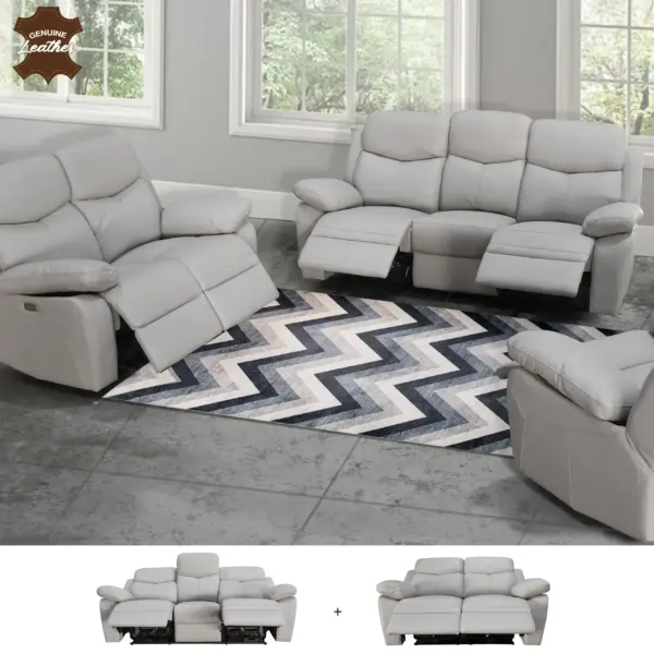 Kadoma Full Leather Power Recliner Sofa Set (3+2) - Light Grey