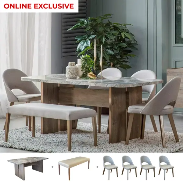 Luzzi 6-Seater Dining Set (Table + 4 Chairs + Bench)
