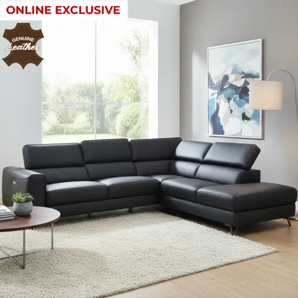 Theron Leather Left Corner Sofa with Power Recliner - Black