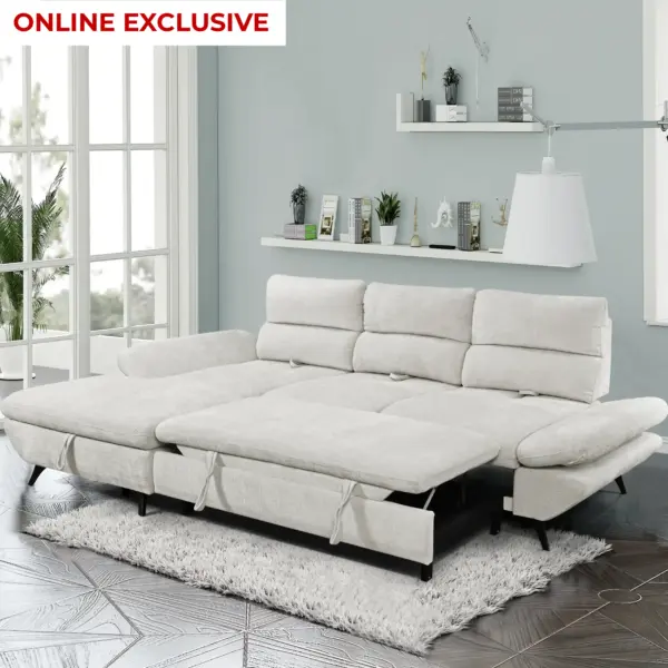 Elena Right Corner Sofa Bed with Storage - Pearl White