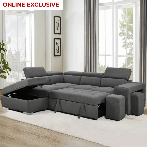 Livingston Right Corner Sofa Bed with Storage and Ottoman - Grey