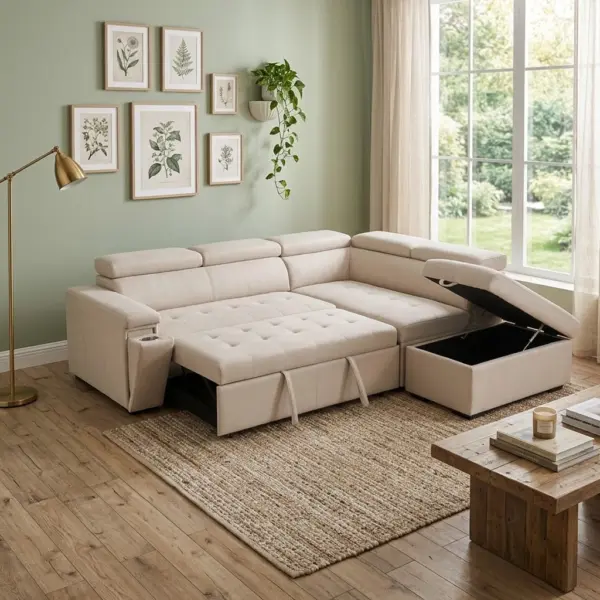 Imperio Left Corner Sofa Bed with Cup Holder and Ottoman