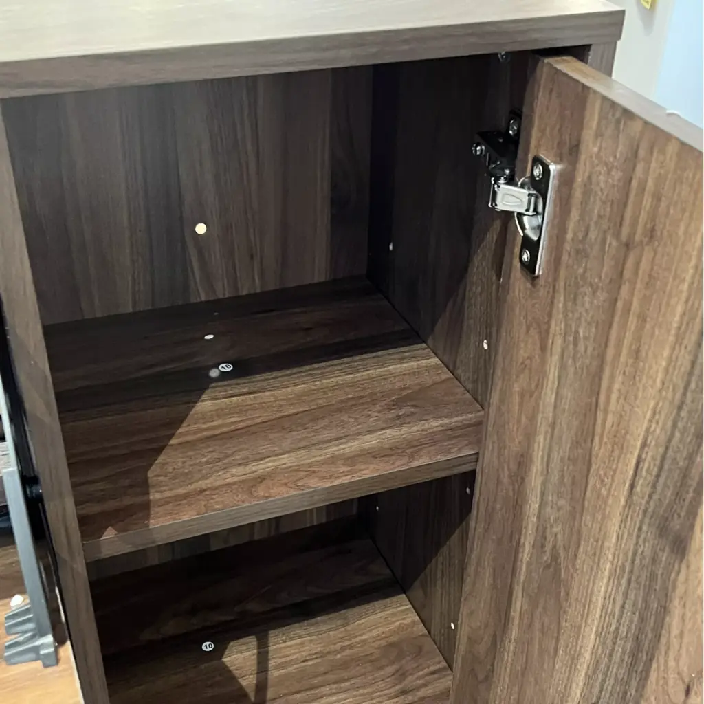 Armour Shoe Cabinet Dark Brown Open Swatch1 United Furniture