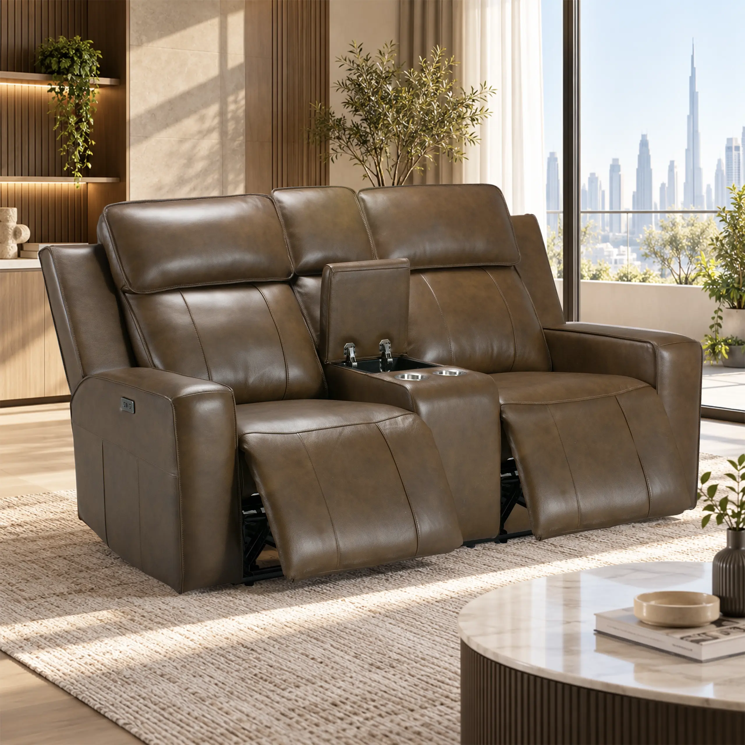 Leona Leather 2 Seater Sofa with Power Recliner and Console - Image 1